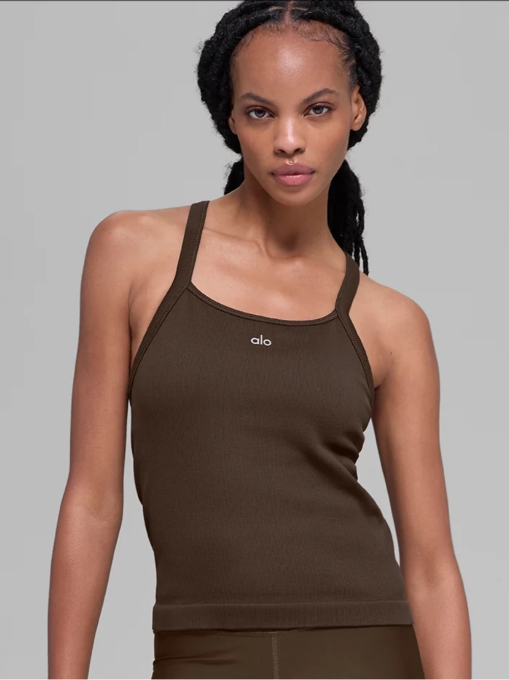Alo Seamless Ribbed Favorite Full Length Bra Tank Top - Espresso Brown Medium